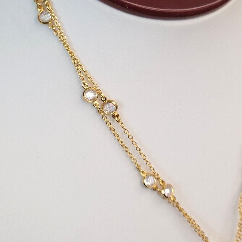 Womens Gold Tone Tasseled Lariat Pendant Necklace Double Strand Blue Stone 16 in - Picture 5 of 8